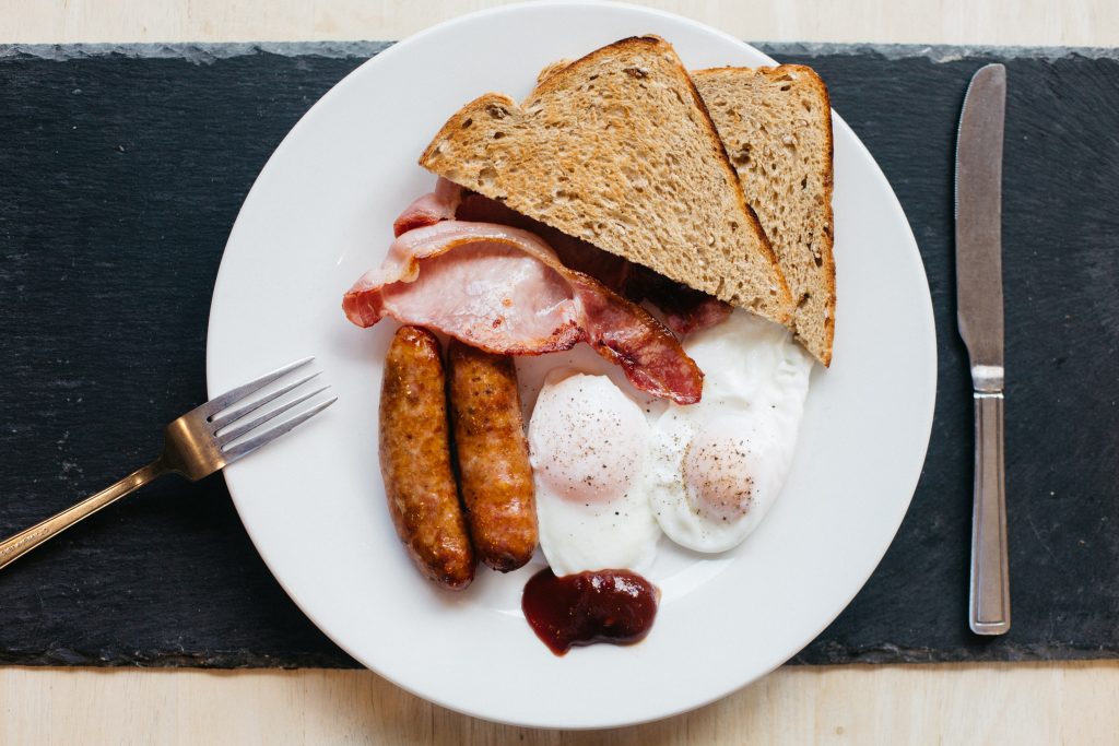 Suffolk Breakfast with bacon, sausages and fried eggs